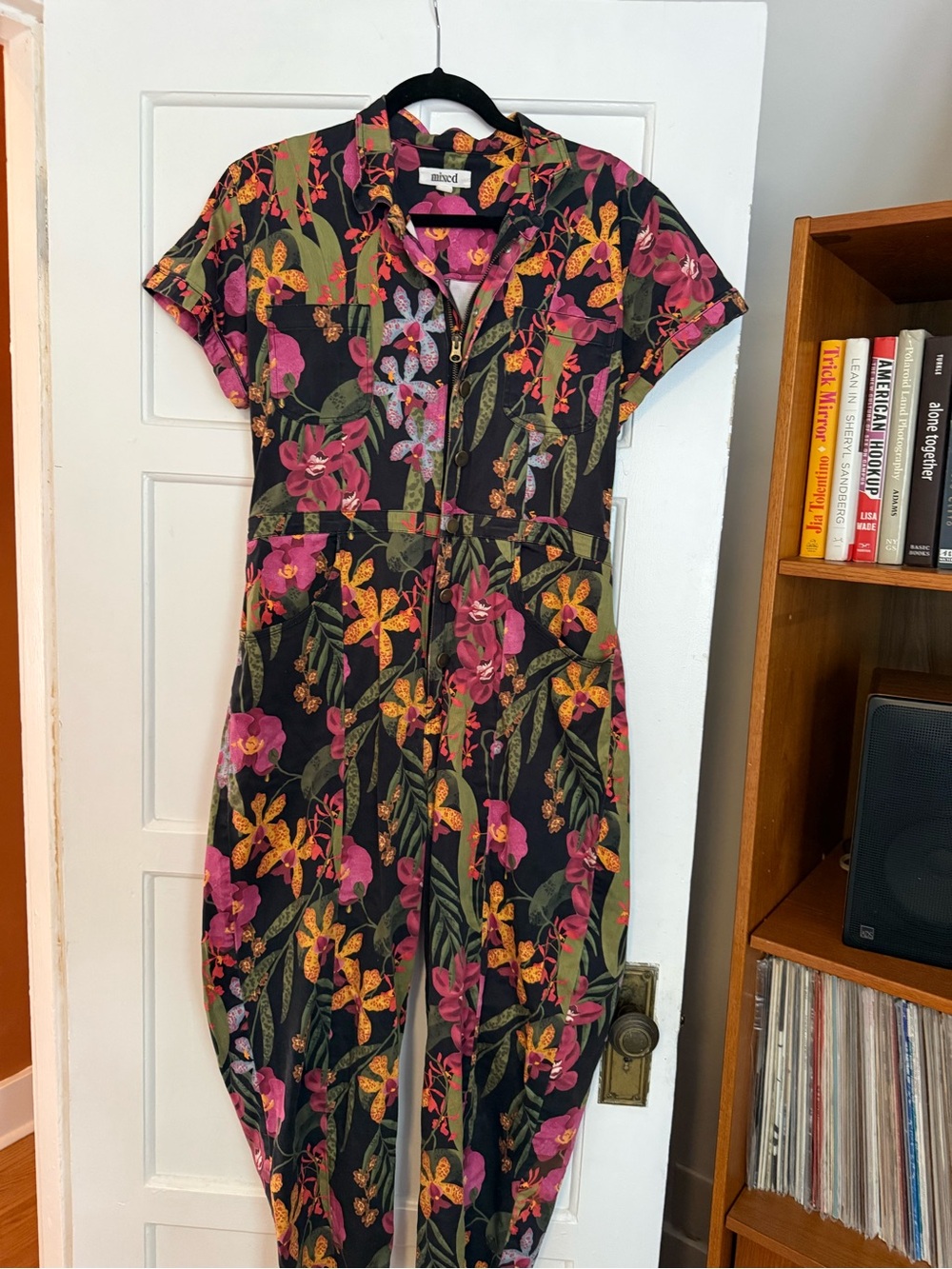 mixed Floral Short-Sleeve Jumpsuit in Black with Pink & Yellow Print